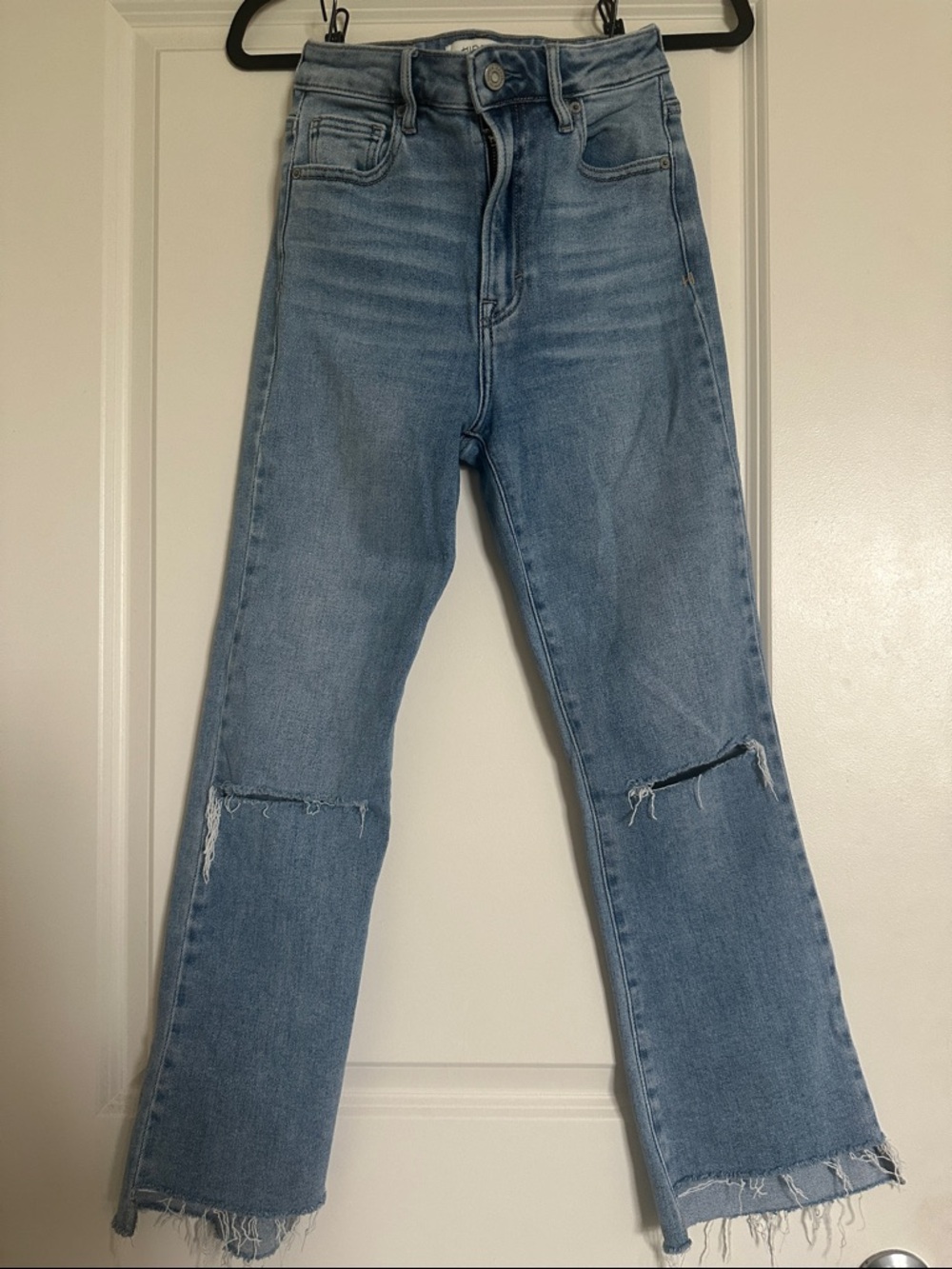 High-Rise Light Wash Boot Cut Jeans with Knee Rips